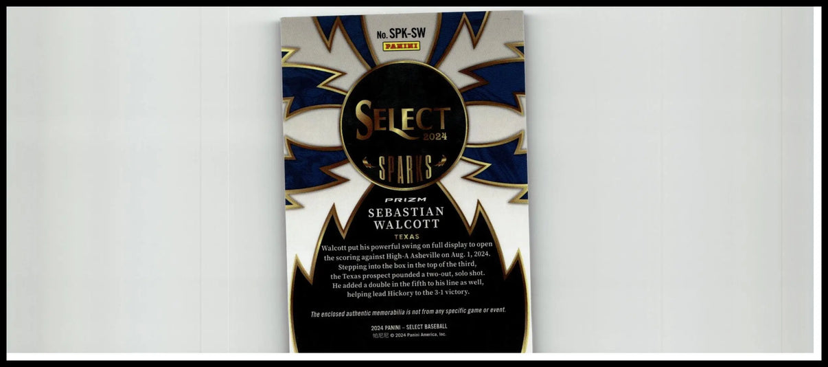 2024 panini select baseball card featuring sebastian walcott sparks with black and blue starburst design front