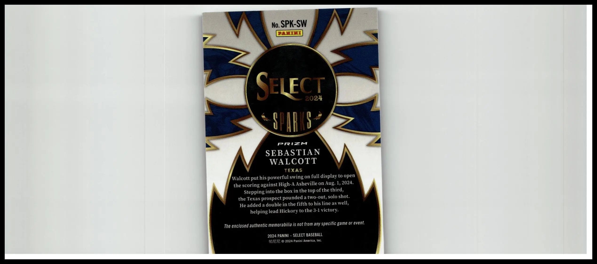 2024 panini select baseball card featuring sebastian walcott sparks with black and blue starburst design front