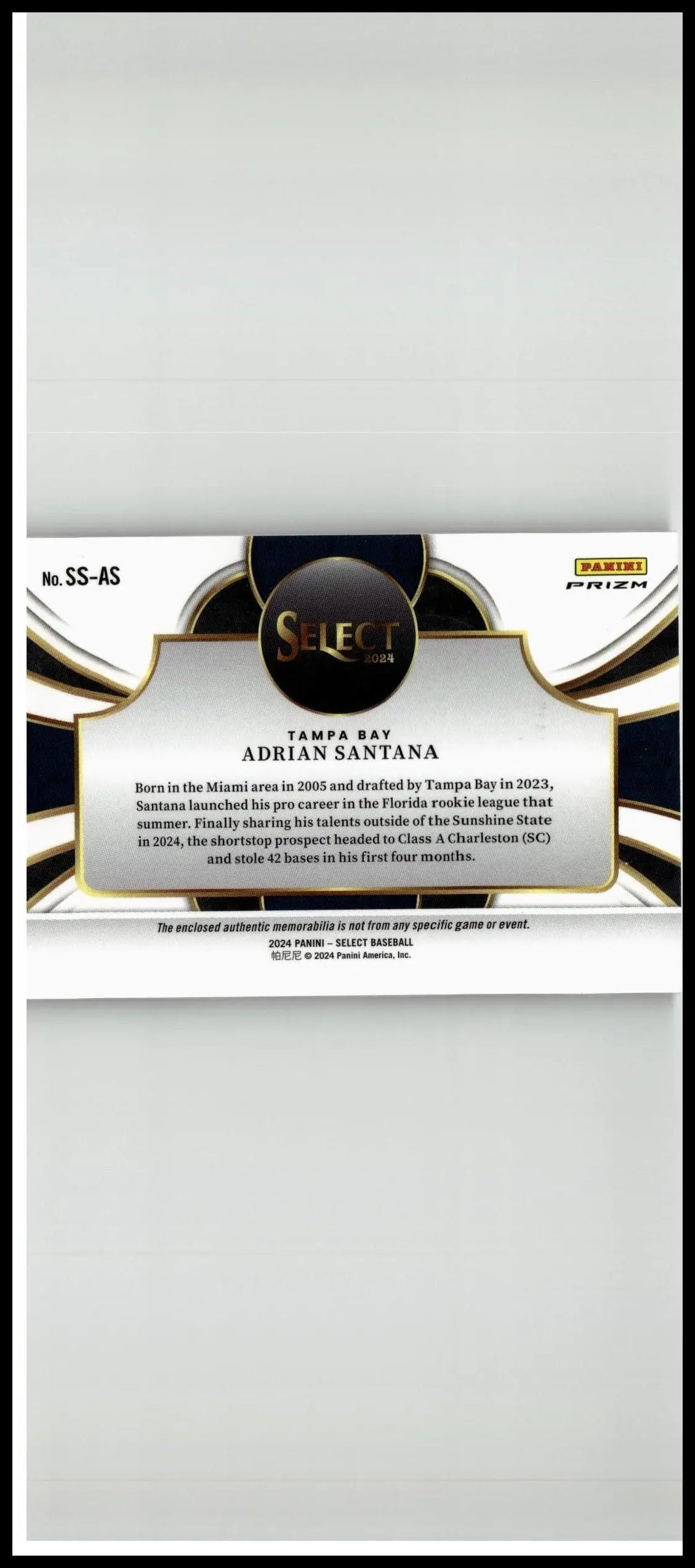 Black and gold 2024 panini select baseball card featuring adrian santana selective swatches design