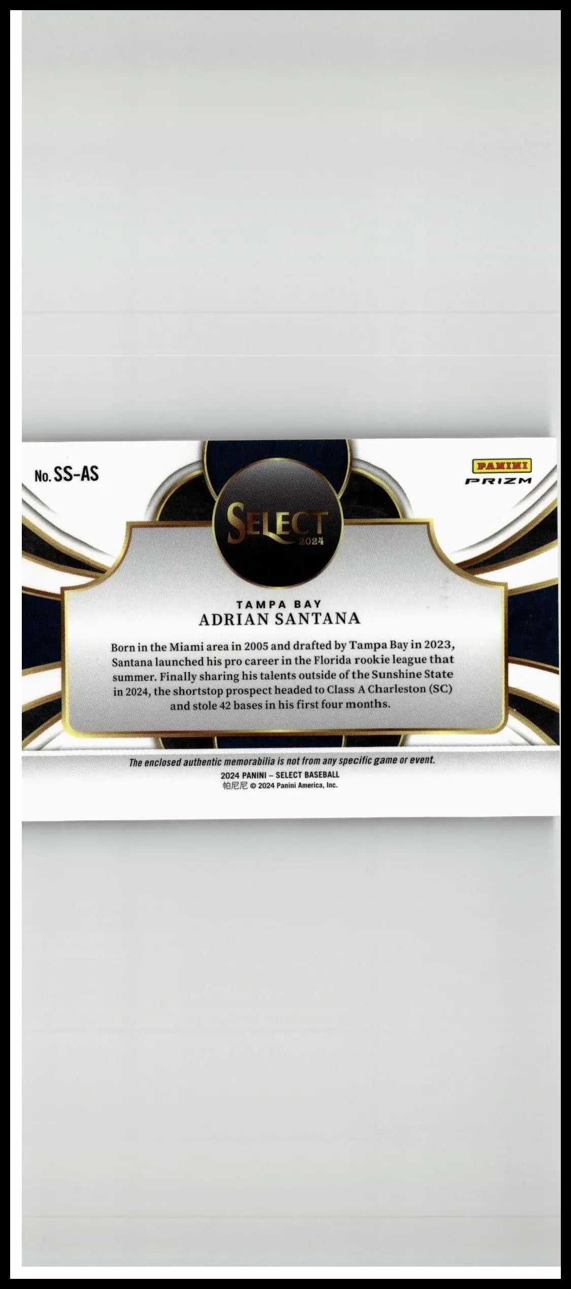 Black and gold 2024 panini select baseball card featuring adrian santana selective swatches design