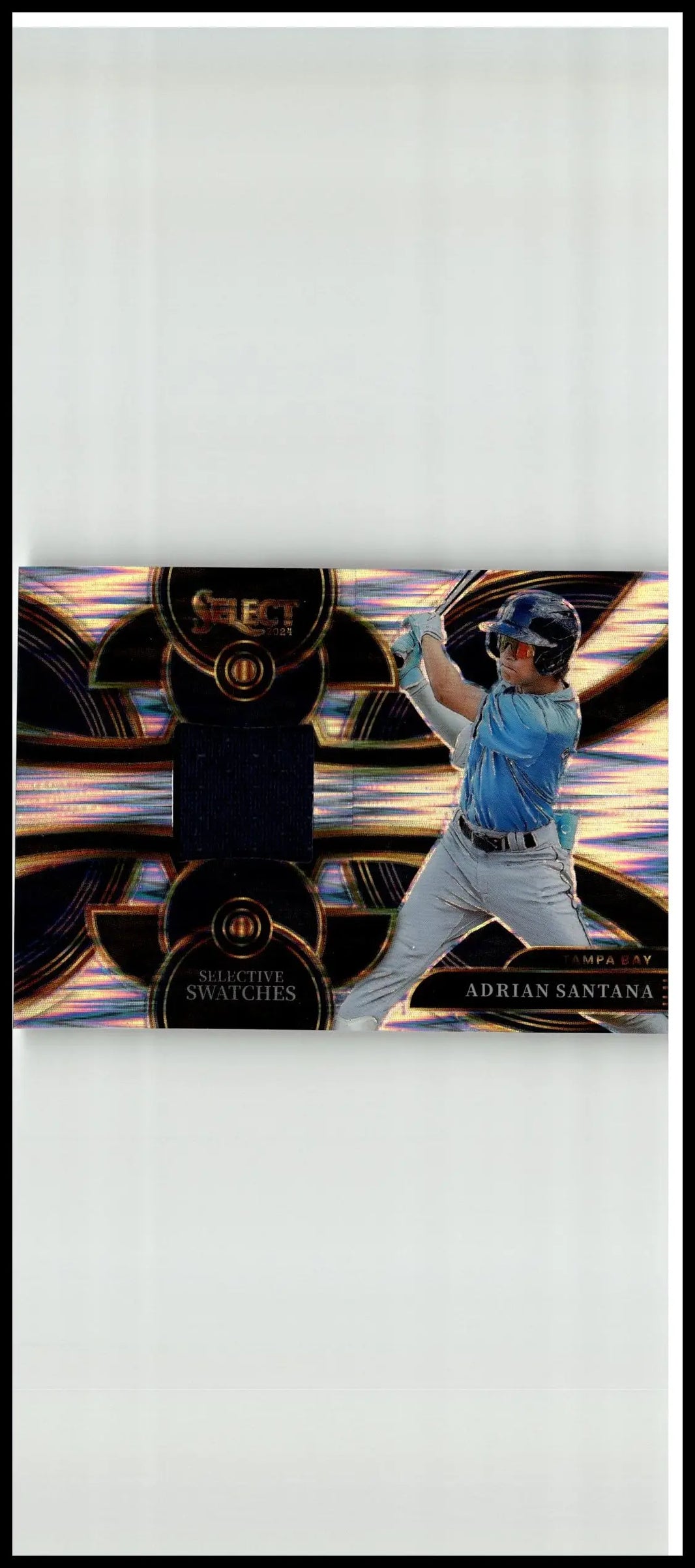 Adrian Santana Selective baseball card from 2024 Panini Select with holographic black and gold design in mid-swing