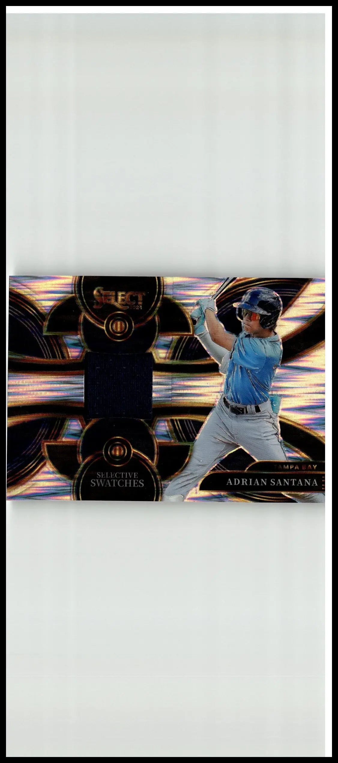 Adrian Santana Selective baseball card from 2024 Panini Select with holographic black and gold design in mid-swing