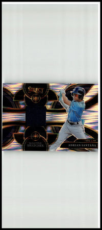 Adrian Santana Selective baseball card from 2024 Panini Select with holographic black and gold design in mid-swing