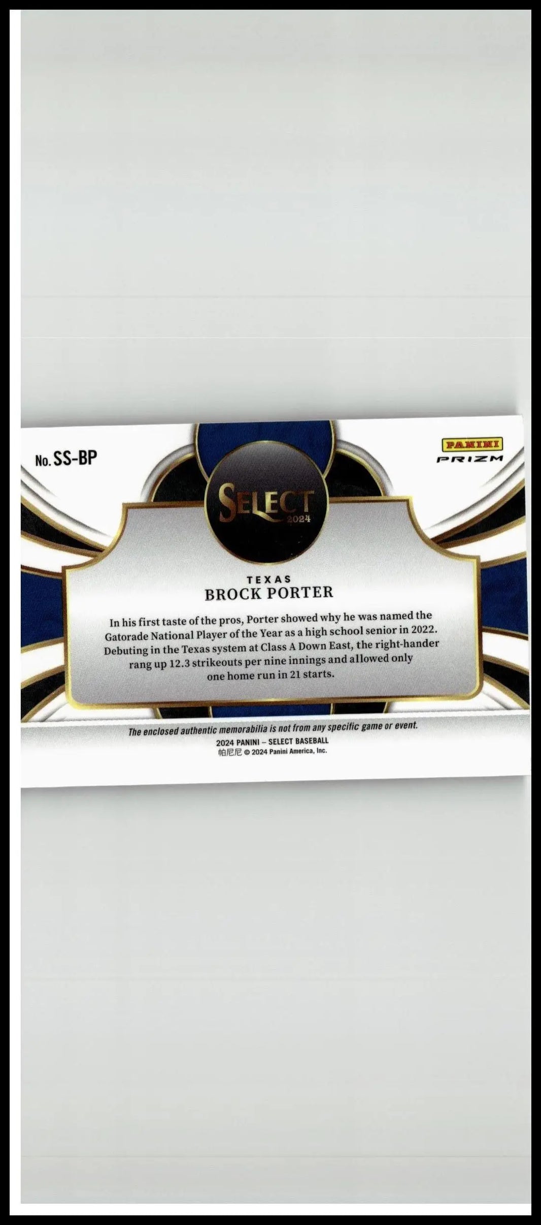 2024 panini select brock porter selective swatches baseball card with white navy blue and gold accents features select logo