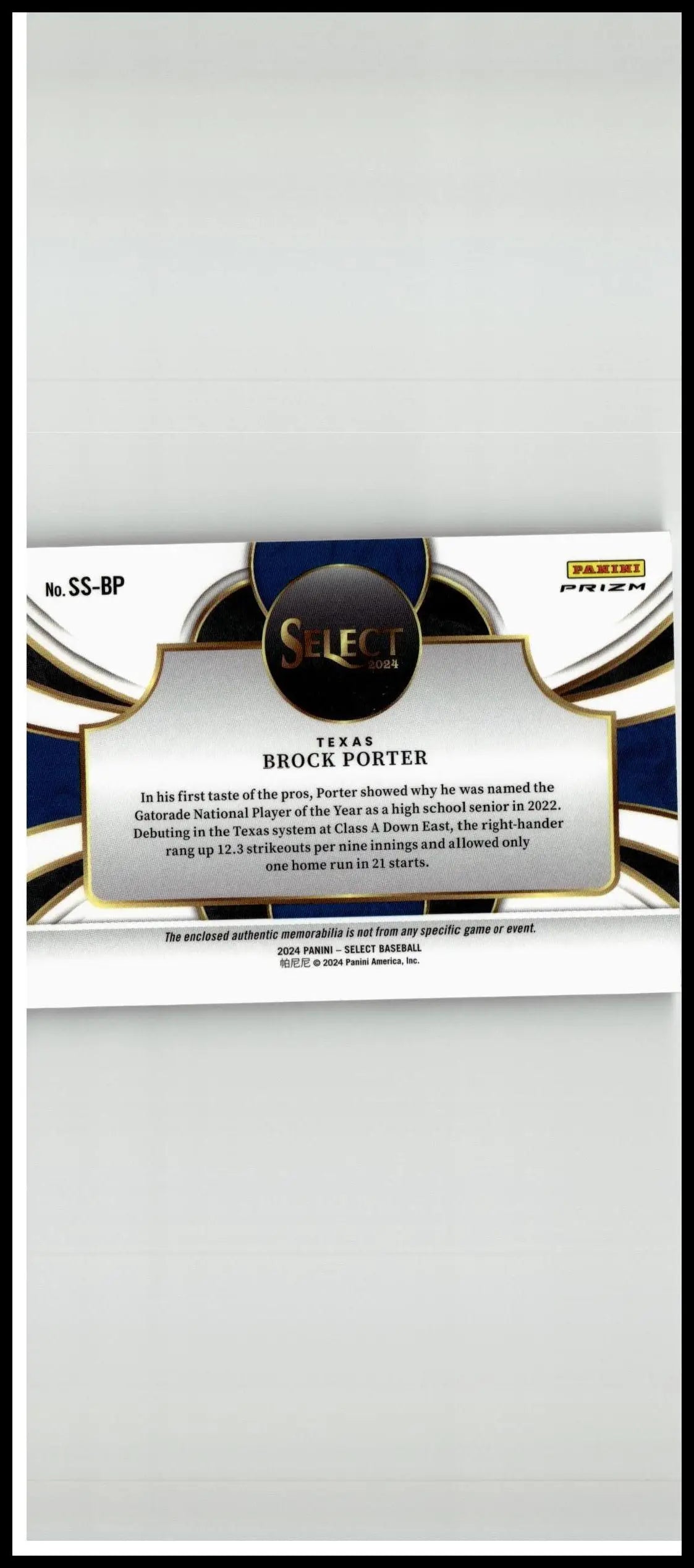 2024 panini select brock porter selective swatches baseball card with white navy blue and gold accents features select logo