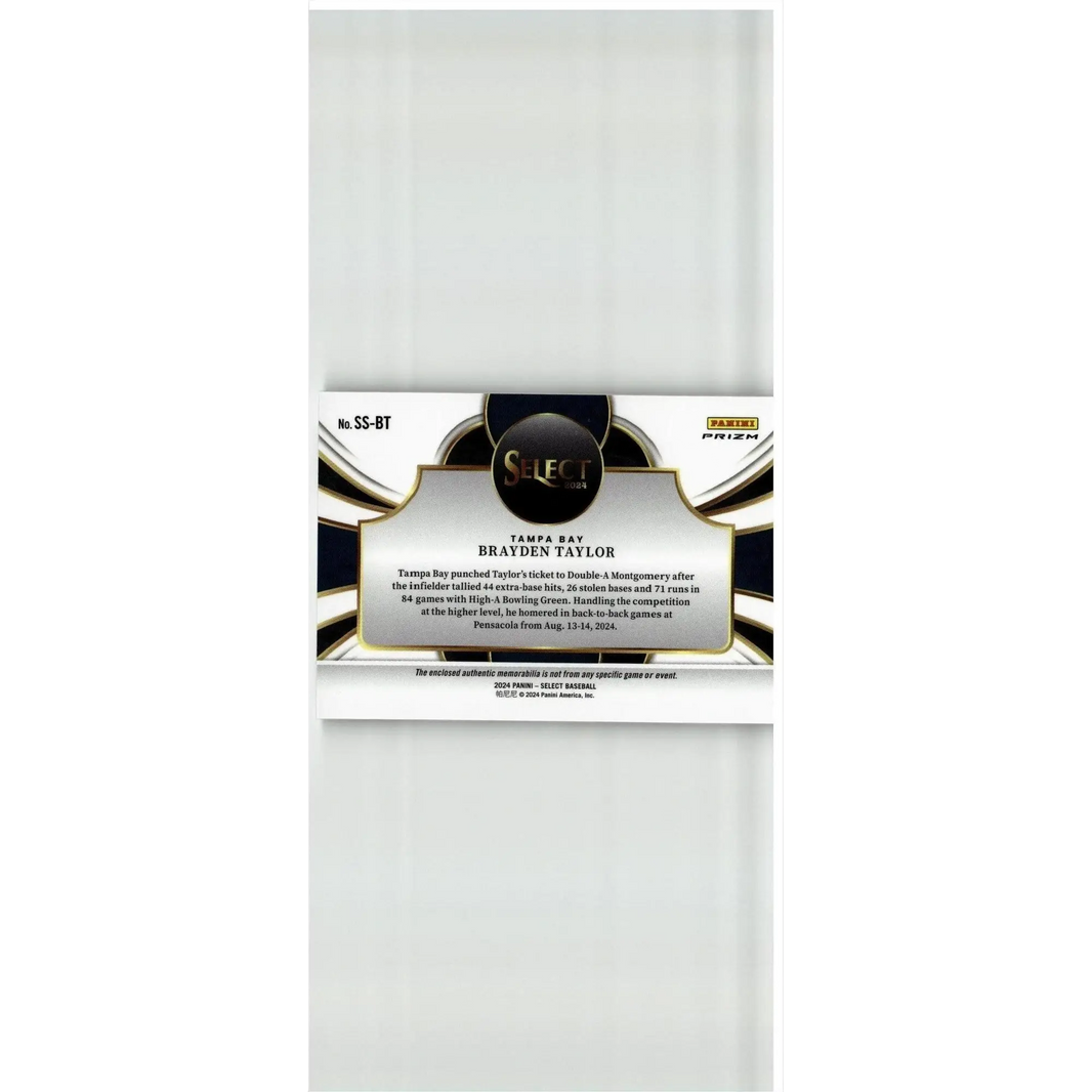 Black and gold panini select baseball trading card featuring brayden taylor selective swatches from 2024
