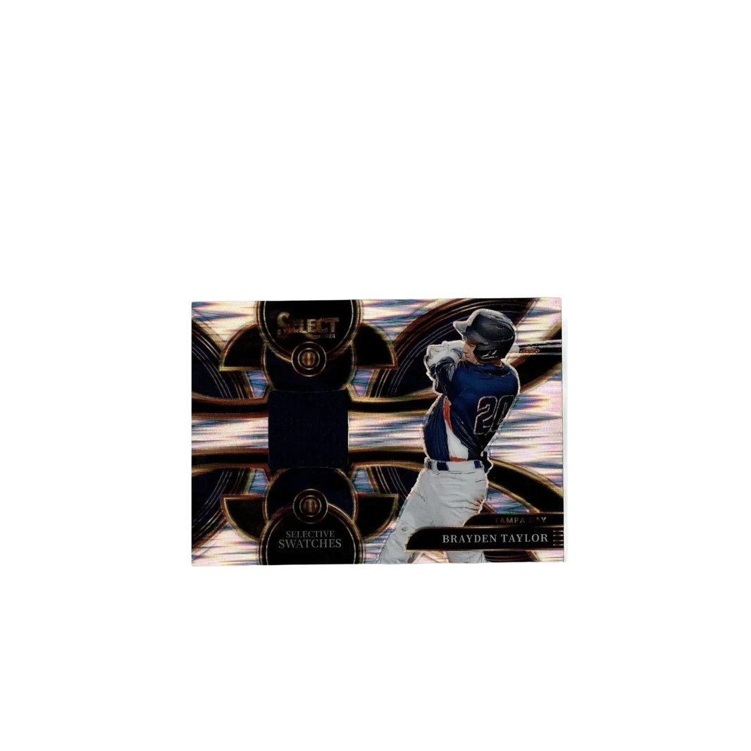 A glossy black and gold 2024 Panini Select selective swatches baseball trading card featuring Brayden Taylor in a blue jersey
