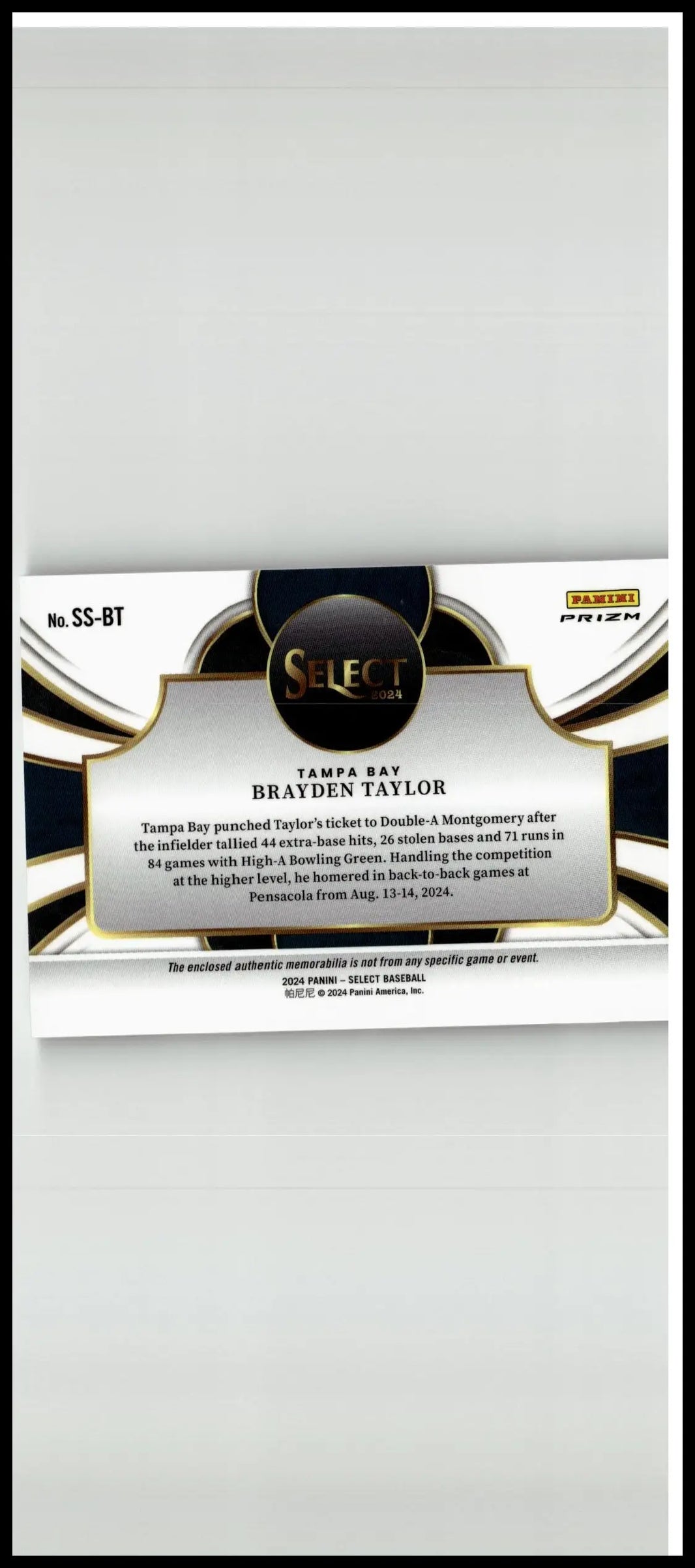 Black and gold 2024 panini select brayden taylor selective swatches baseball trading card from tampa bay rays