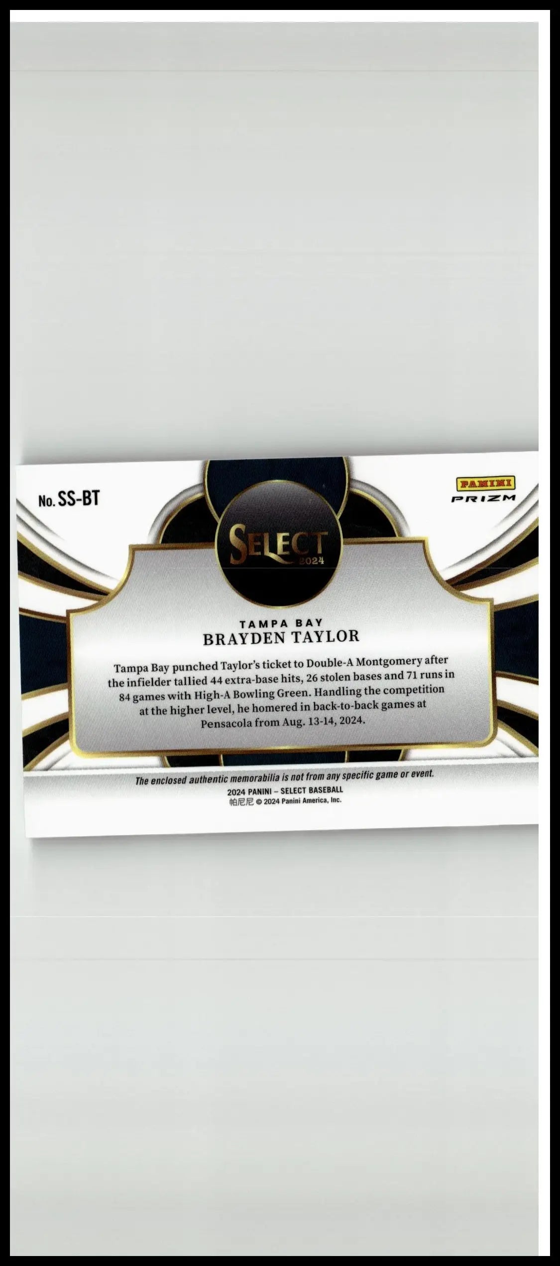 Black and gold 2024 panini select brayden taylor selective swatches baseball trading card from tampa bay rays