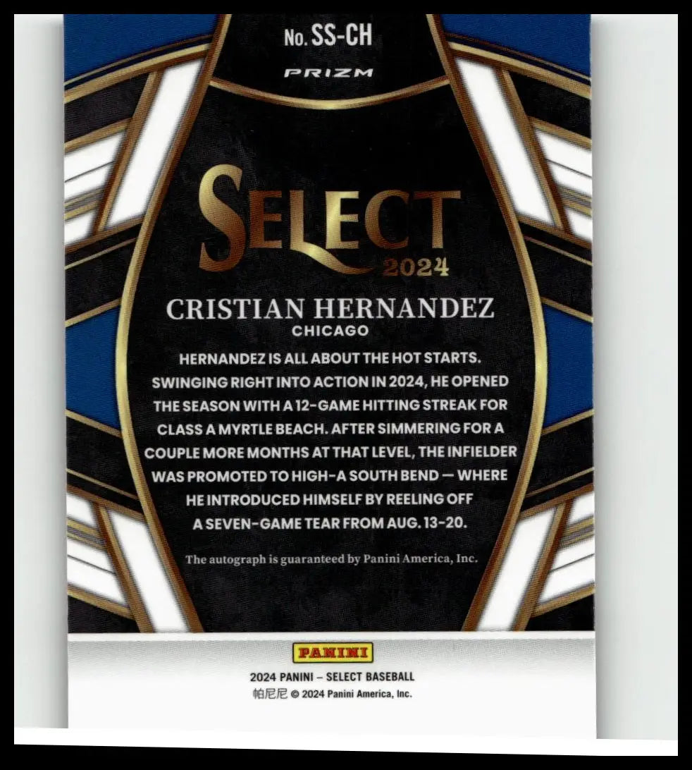 Black and gold 2024 panini select baseball card featuring cristian hernandez signature selections from chicago