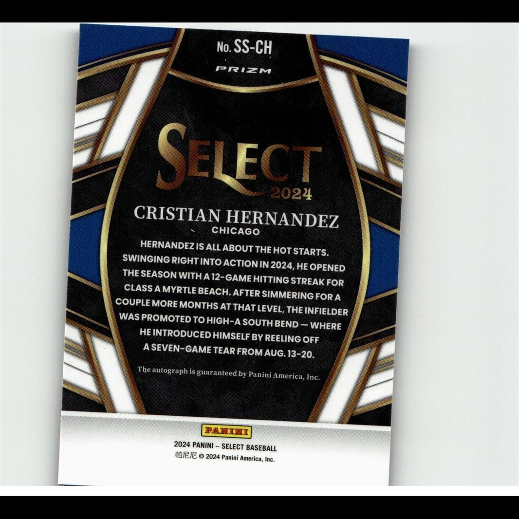 Black and blue prizm select 2024 baseball trading card featuring cristian hernandez of chicago.