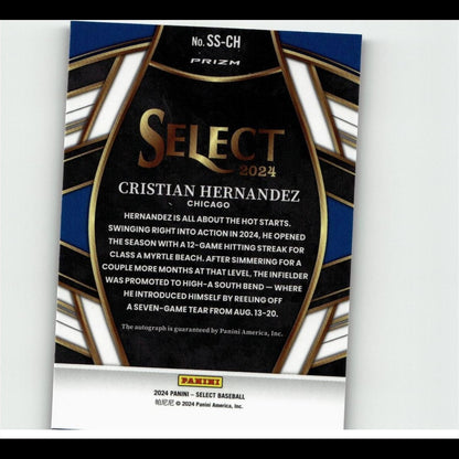 Black and blue prizm select 2024 baseball trading card featuring cristian hernandez of chicago.