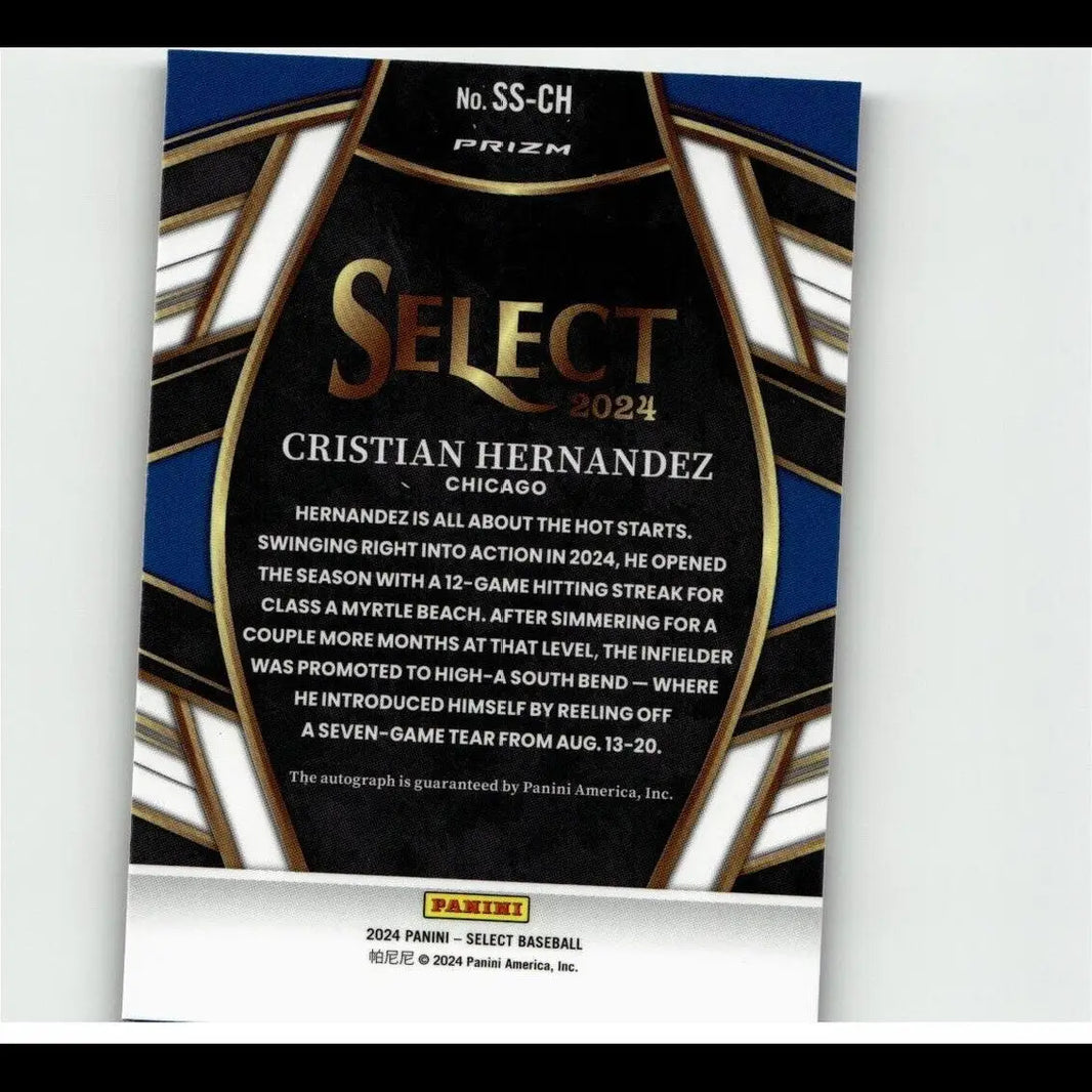 Black and blue prizm select 2024 baseball trading card featuring cristian hernandez of chicago.