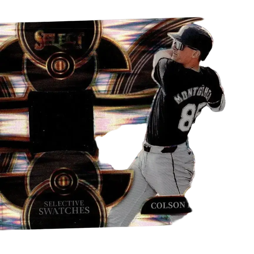 Black and gold 2024 panini select colson montgomery baseball trading card featuring montgomery selective swatches