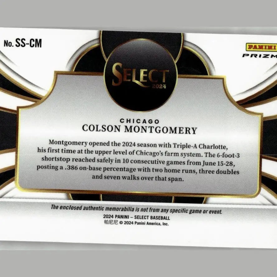 Black and gold 2024 panini select baseball trading card featuring colson montgomery montgomery selective swatches