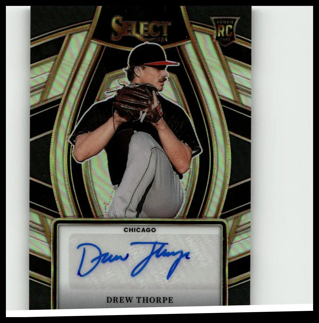 Black and gold 2024 panini select drew thorpe signature selections baseball trading card featuring mid-pitch autograph