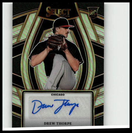 Black and gold 2024 panini select drew thorpe signature selections baseball trading card featuring mid-pitch autograph