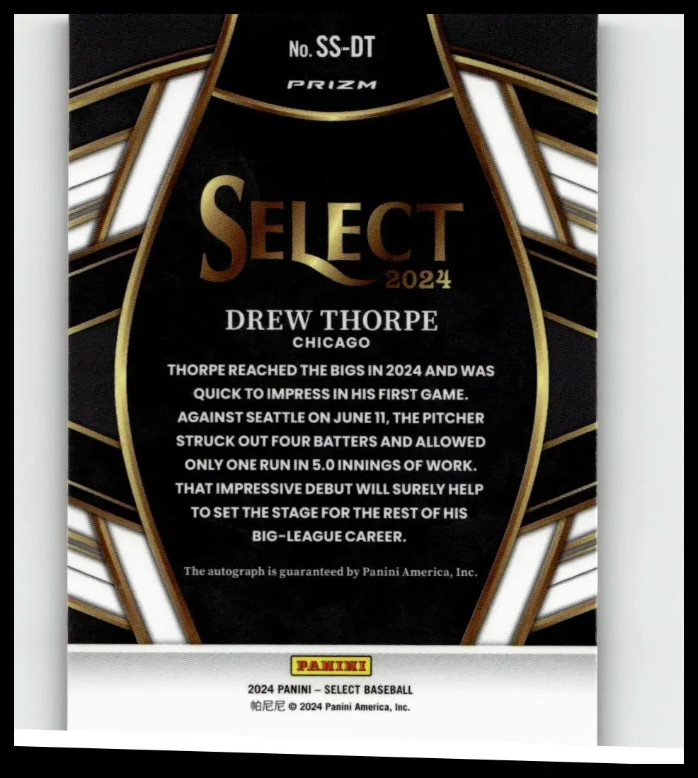 Black and gold 2024 panini select drew thorpe baseball trading card featuring drew thorpe signature selections from chicago