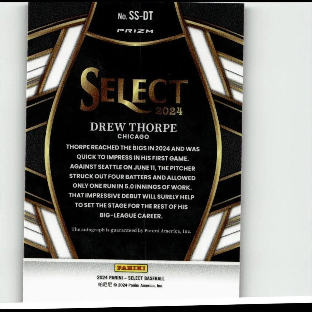 Black and gold ’select 2024’’ baseball trading card featuring drew thorpe of chicago.