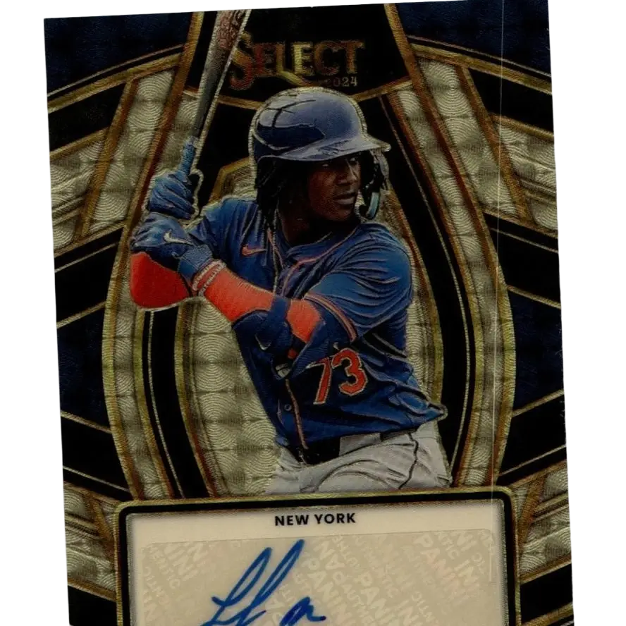 Blue baseball jersey with orange accents and number 73 featuring nike logo from 2024 panini select luisangel acuna gold vinyl prizms