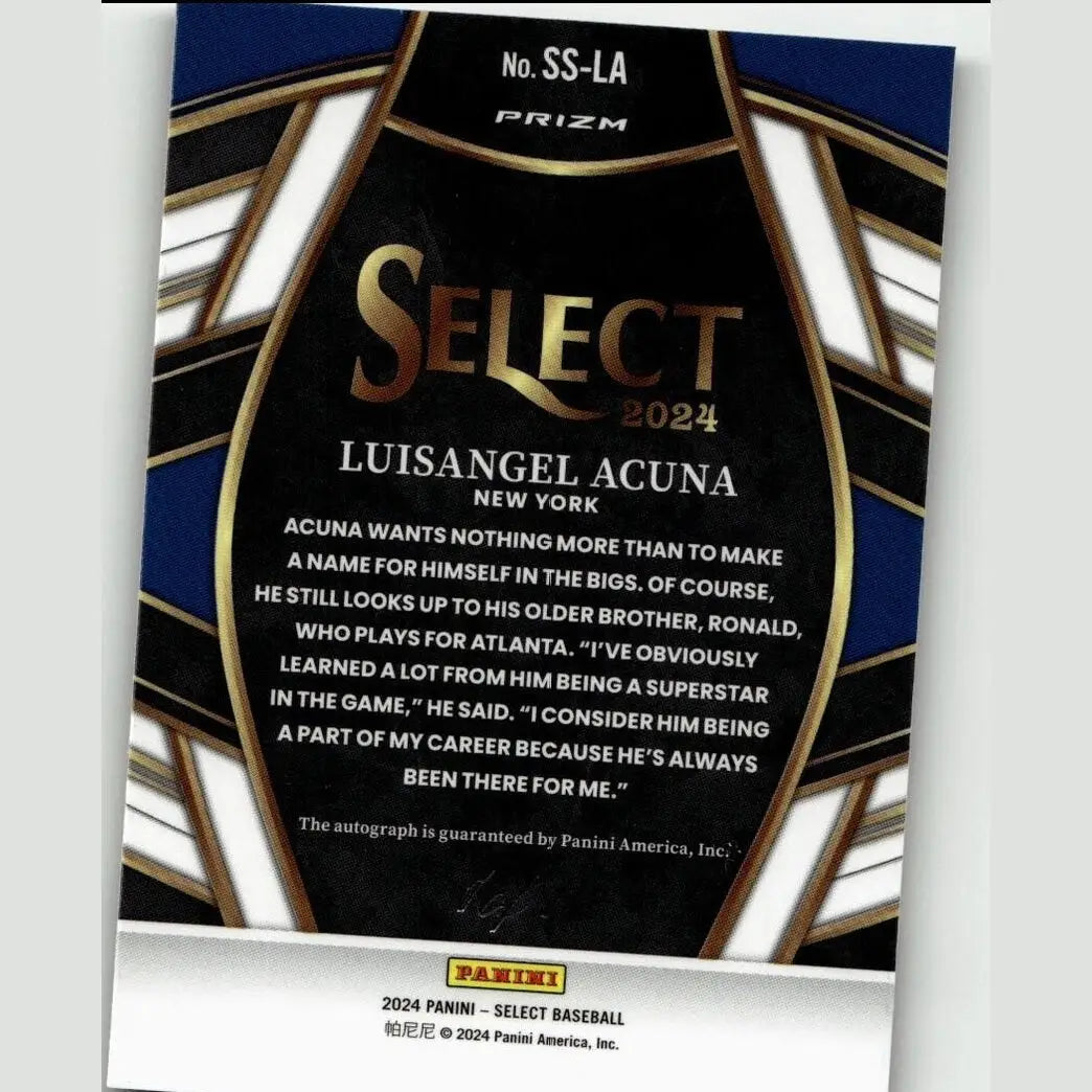 Black and gold 2024 panini select gold vinyl prizms baseball trading card featuring luisangel acuna numbered 1 of 1