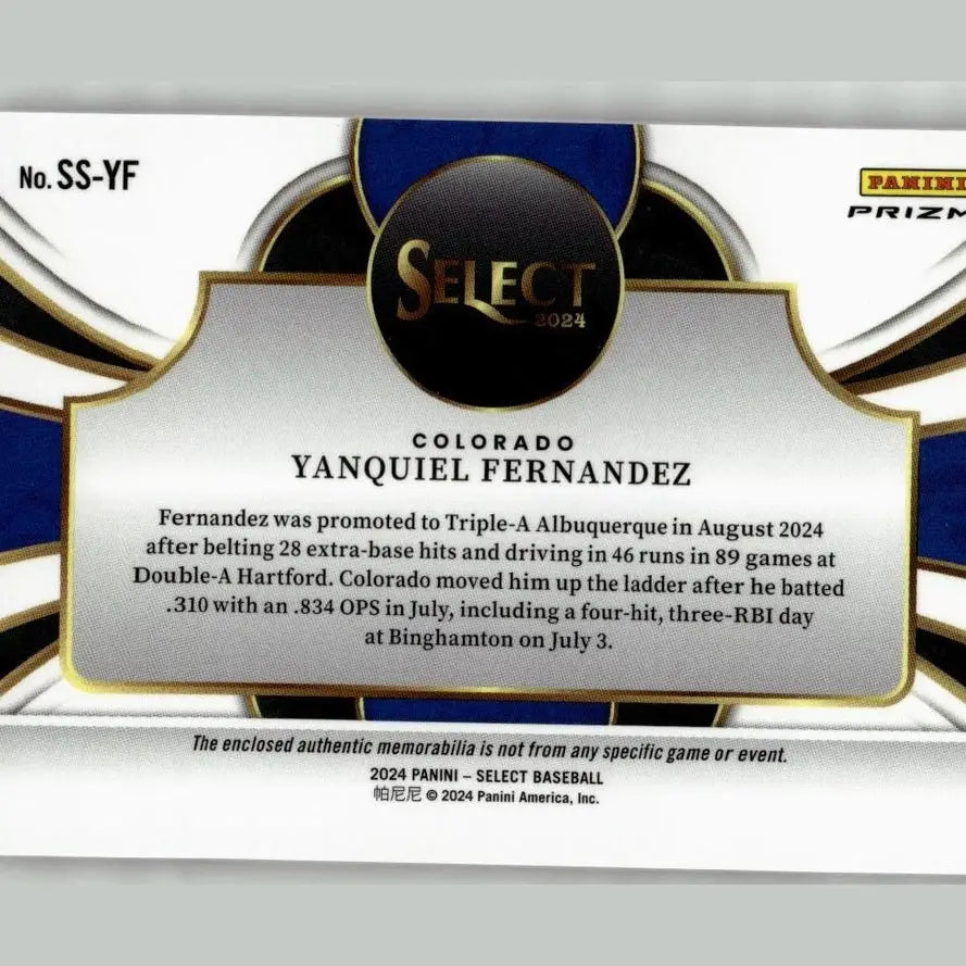 2024 panini select baseball card featuring yanquiel fernandez selective with silver and blue fernandez swatches design