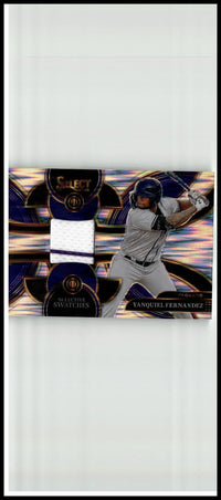 2024 panini select yanquiel fernandez selective swatches baseball card with two authentic jersey swatches blue and gold design