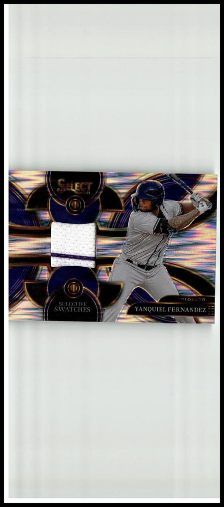2024 panini select yanquiel fernandez selective swatches baseball card with two authentic jersey swatches blue and gold design