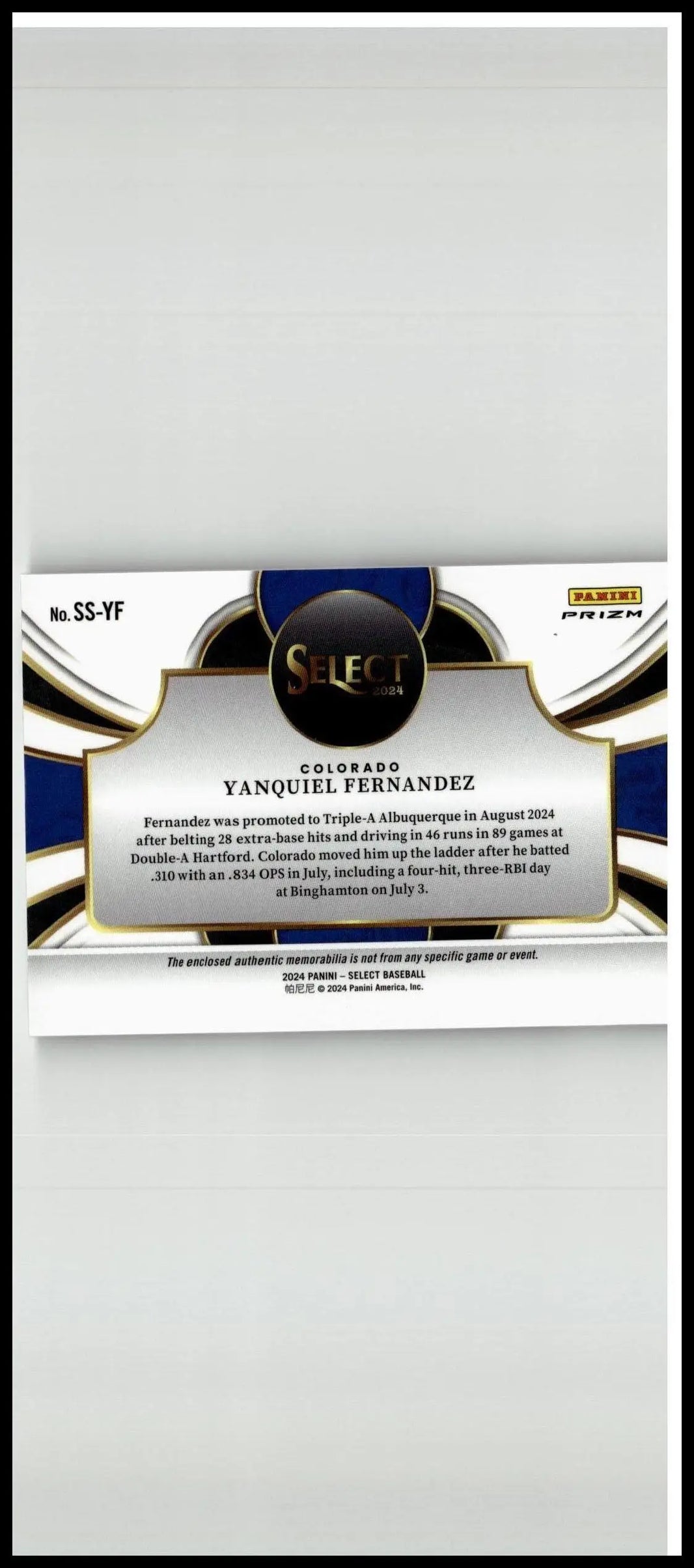 This black and gold 2024 panini select yanquiel fernandez selective swatches baseball card features blue accents
