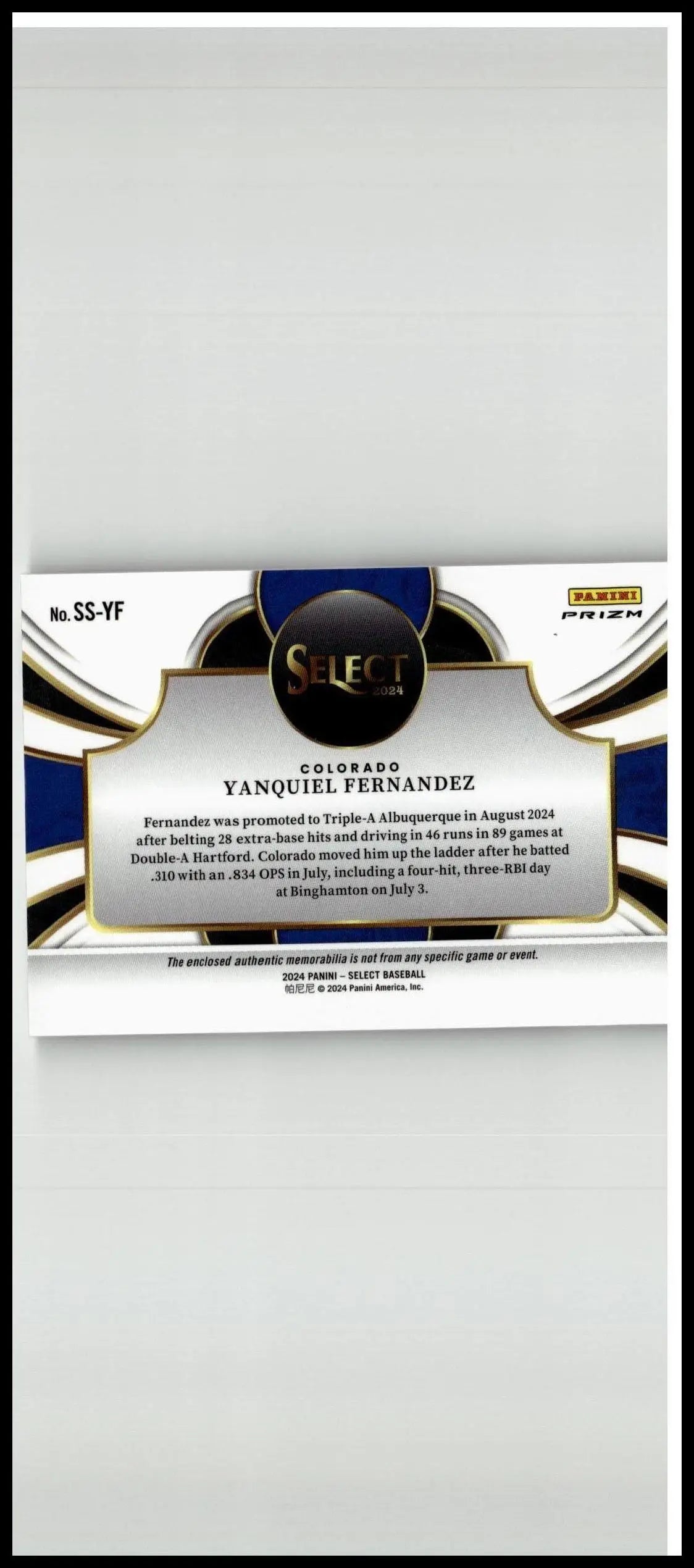 This black and gold 2024 panini select yanquiel fernandez selective swatches baseball card features blue accents