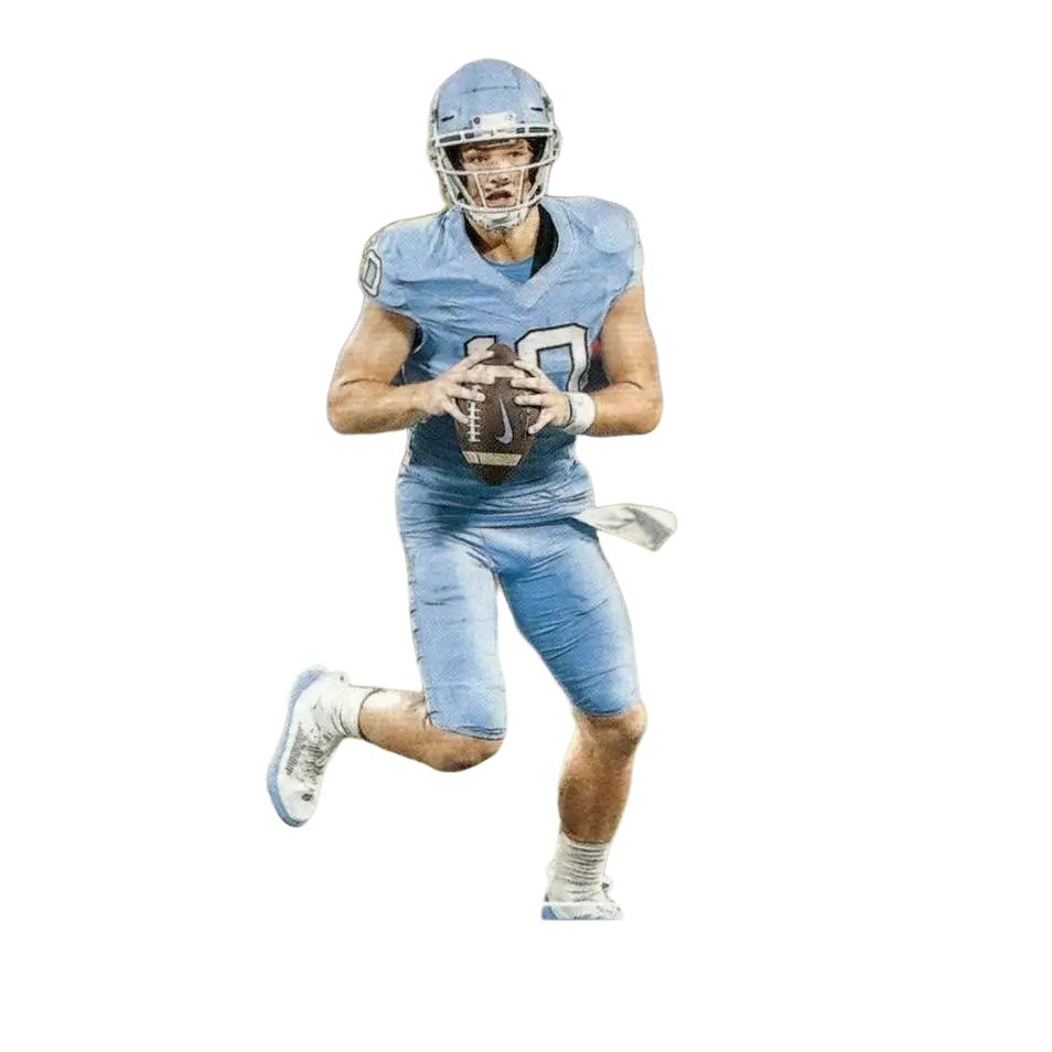2023 score rookie card featuring drake maye in a light blue uniform and helmet, holding a football.
