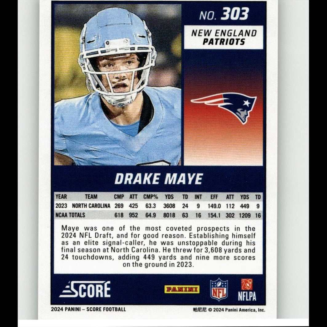 Blue new england patriots football trading card featuring player drake maye in a light blue uniform and helmet.