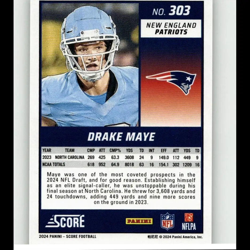 Blue new england patriots football trading card featuring player drake maye in a light blue uniform and helmet.