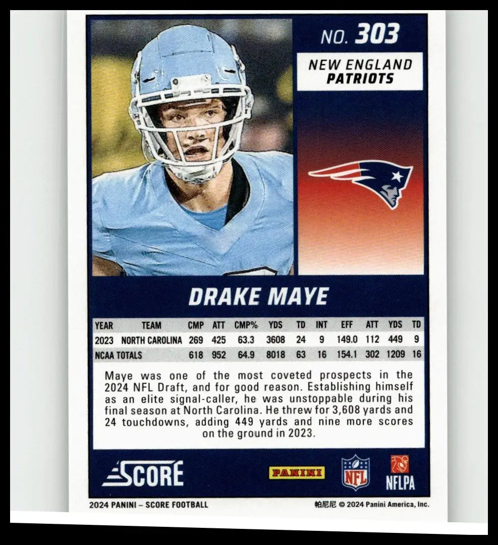 Blue new england patriots football trading card 2024 score 303 featuring drake maye in light blue helmet and jersey for toys and games