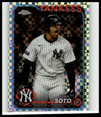 This topps chrome update usc1 juan soto baseball card features soto in new york yankees pinstripes with holographic border