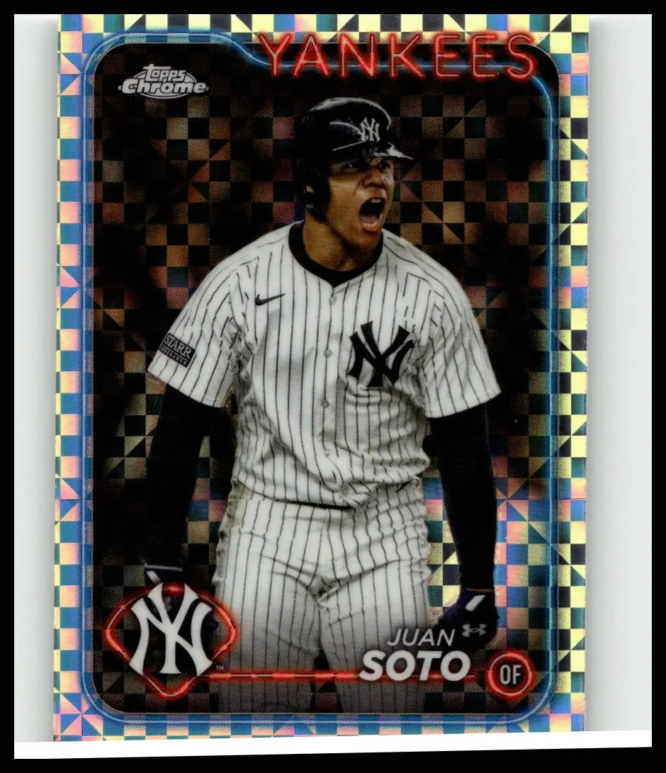 This topps chrome update usc1 juan soto baseball card features soto in new york yankees pinstripes with holographic border