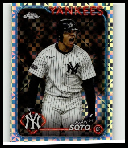 This topps chrome update usc1 juan soto baseball card features soto in new york yankees pinstripes with holographic border
