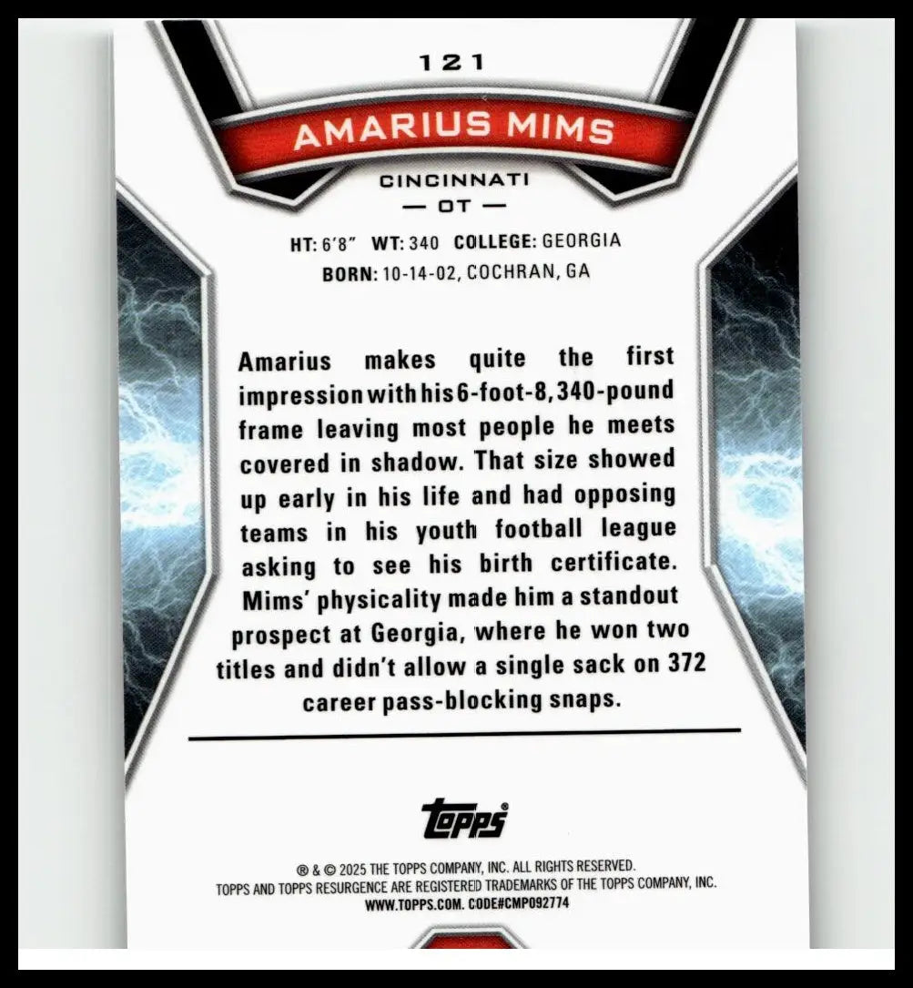 Red and black bordered 2024 topps resurgence amarius mims white surge sports card numbered 121 of 125