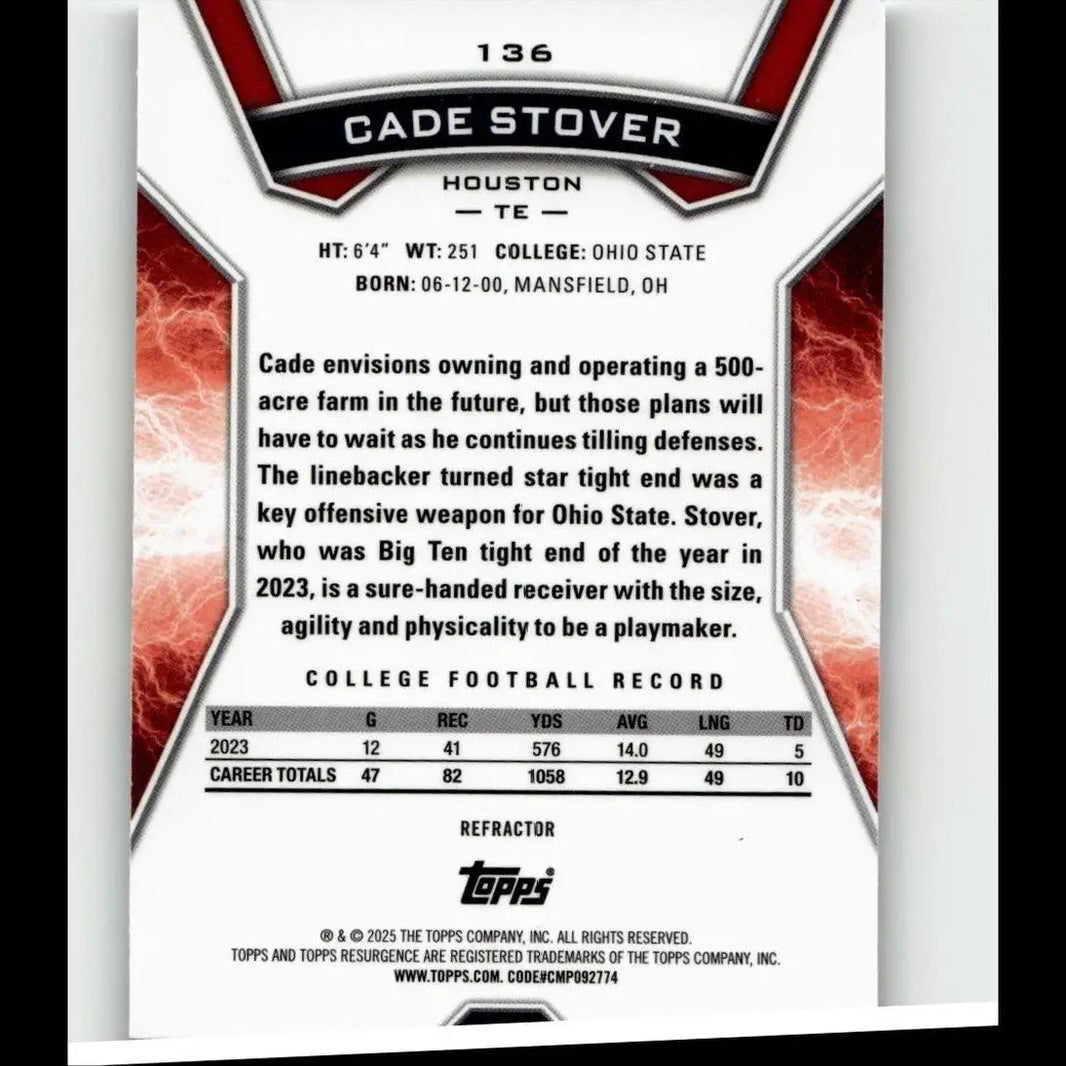 Red and white 2024 topps resurgence #136 cade stover refractor football trading card featuring houston texans tight end