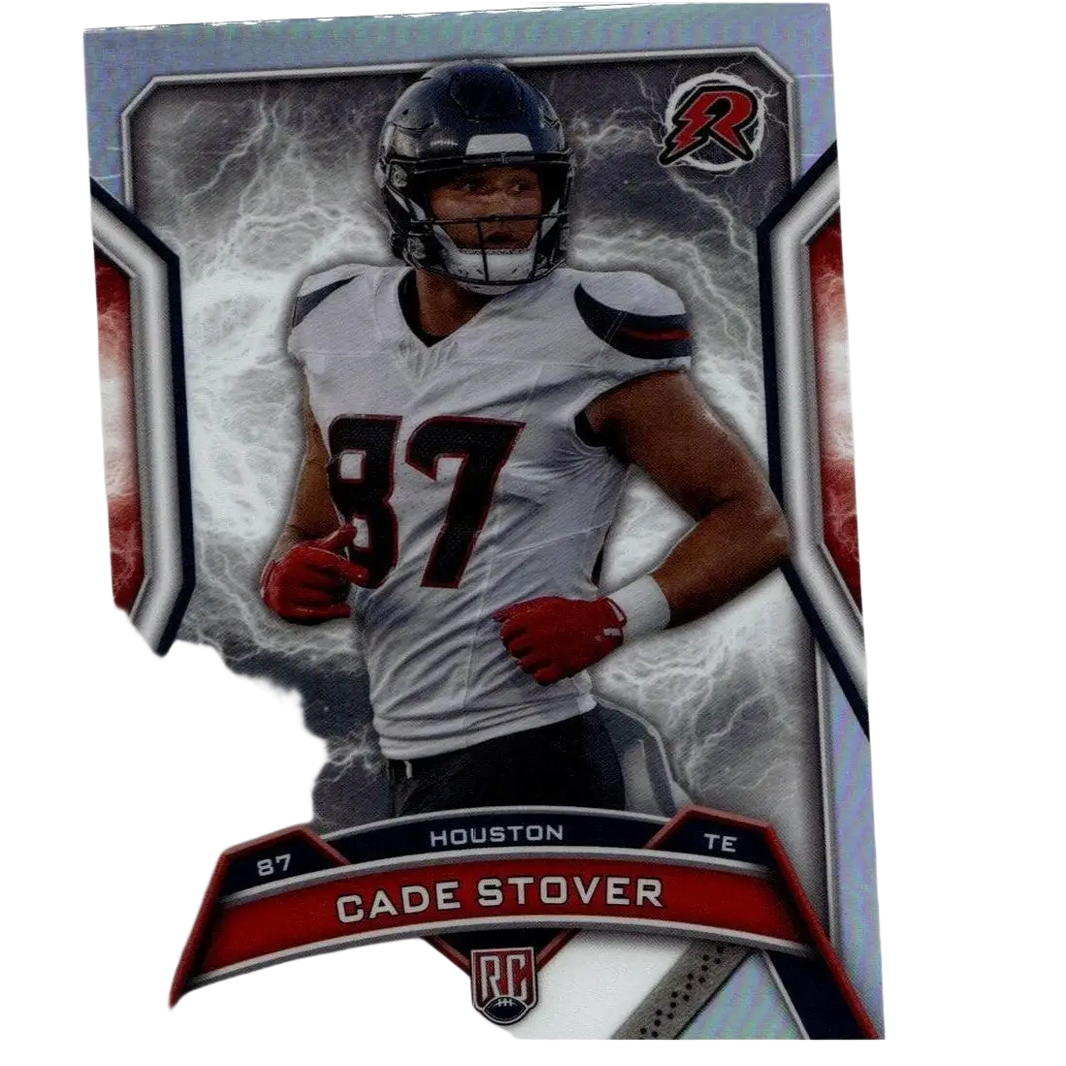 A silver and red 2024 Topps Resurgence #136 cade stover refractor football trading card featuring cade stover in a white jersey
