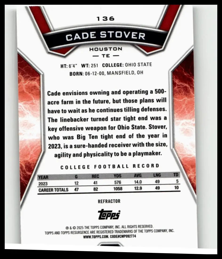 Red and white refractor football trading card of cade stover from 2024 Topps Resurgence featuring ohio state tight end