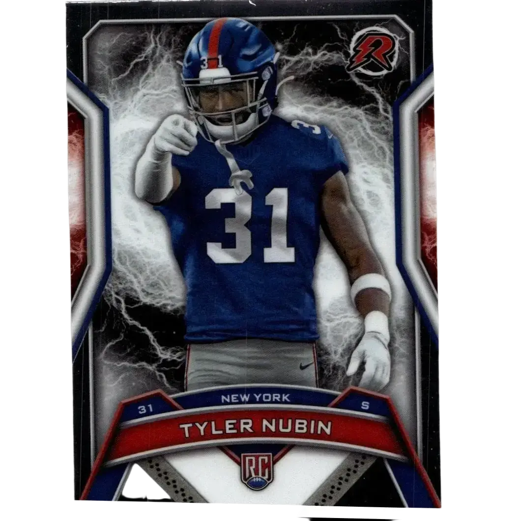 Blue and red New York Giants football trading card featuring Tyler Nubin in blue jersey 31 from 2024 Topps Resurgence