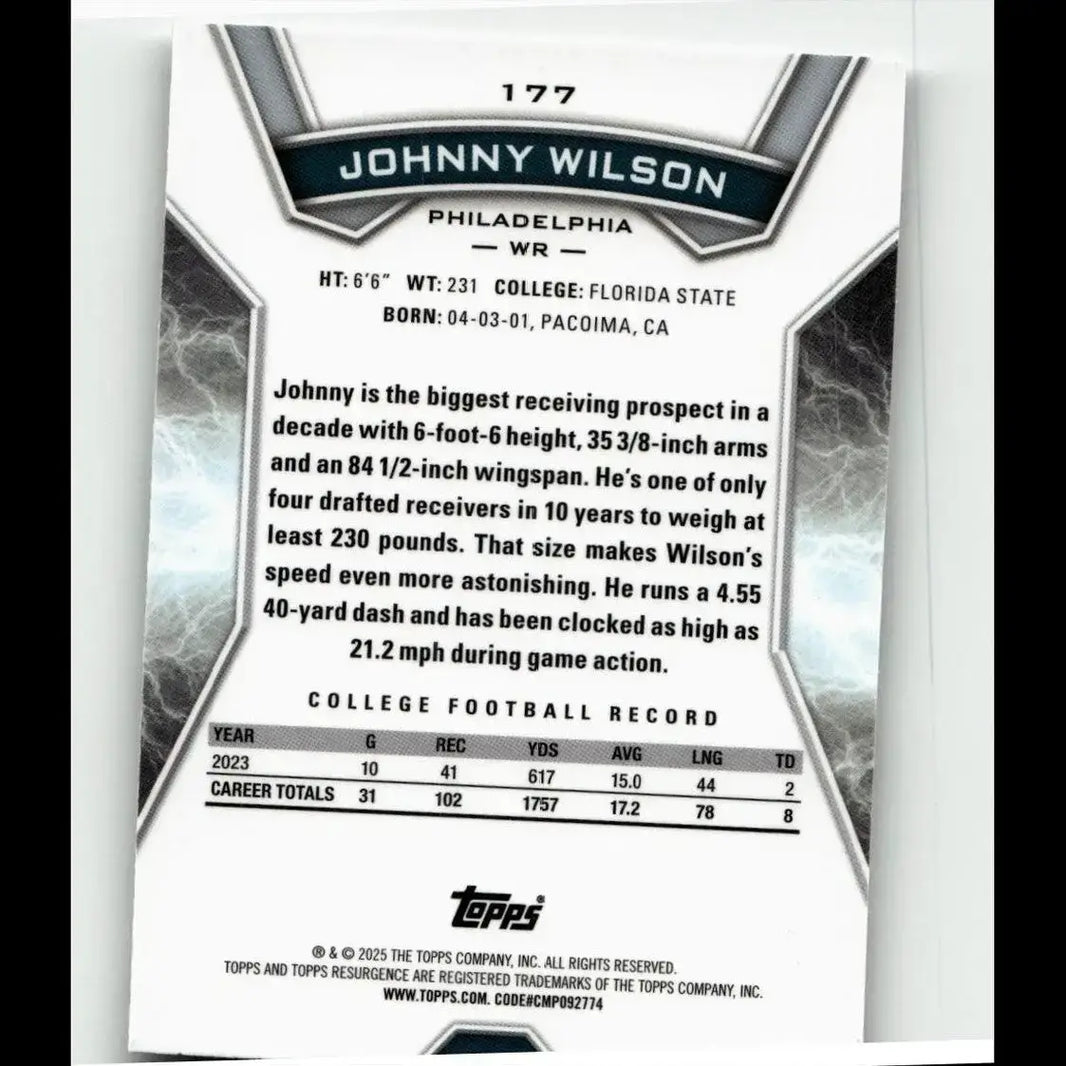 White and silver football trading card featuring Johnny Wilson from Florida State in 2024 Topps Resurgence #177 series