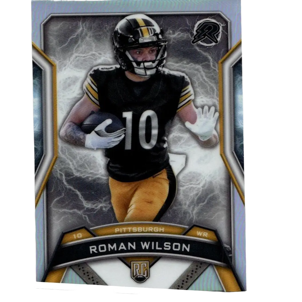 Black and gold pittsburgh steelers football trading card featuring roman wilson in number 10 jersey from 2024 topps resurgence