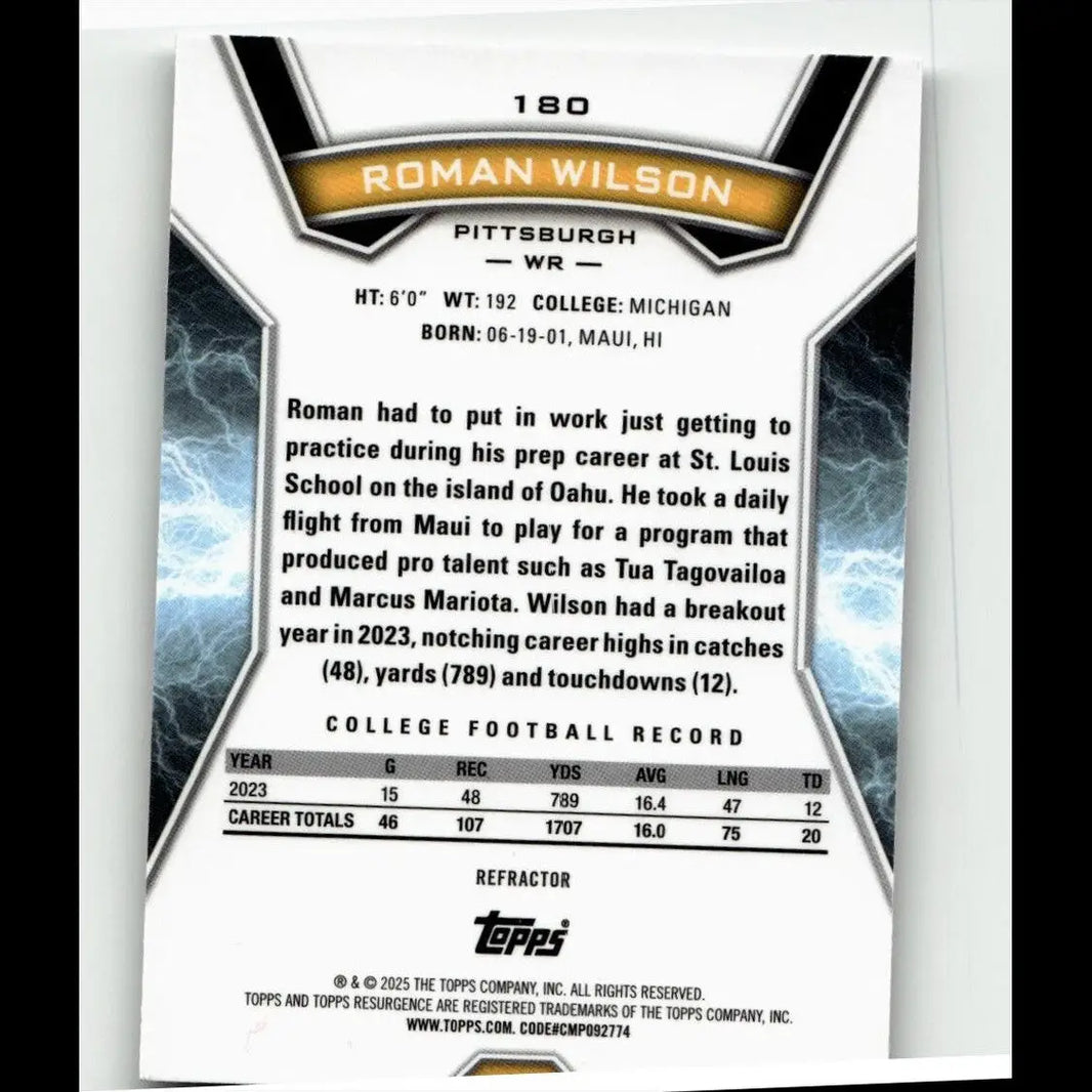 White and black topps resurgence football trading card featuring roman wilson with gold banner and michigan stats