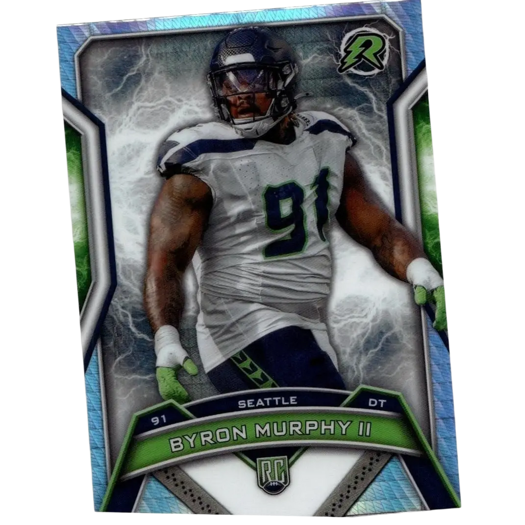 Byron Murphy II Seattle Seahawks defensive tackle on vibrant blue and green 2024 Topps Resurgence trading card with lightning effects