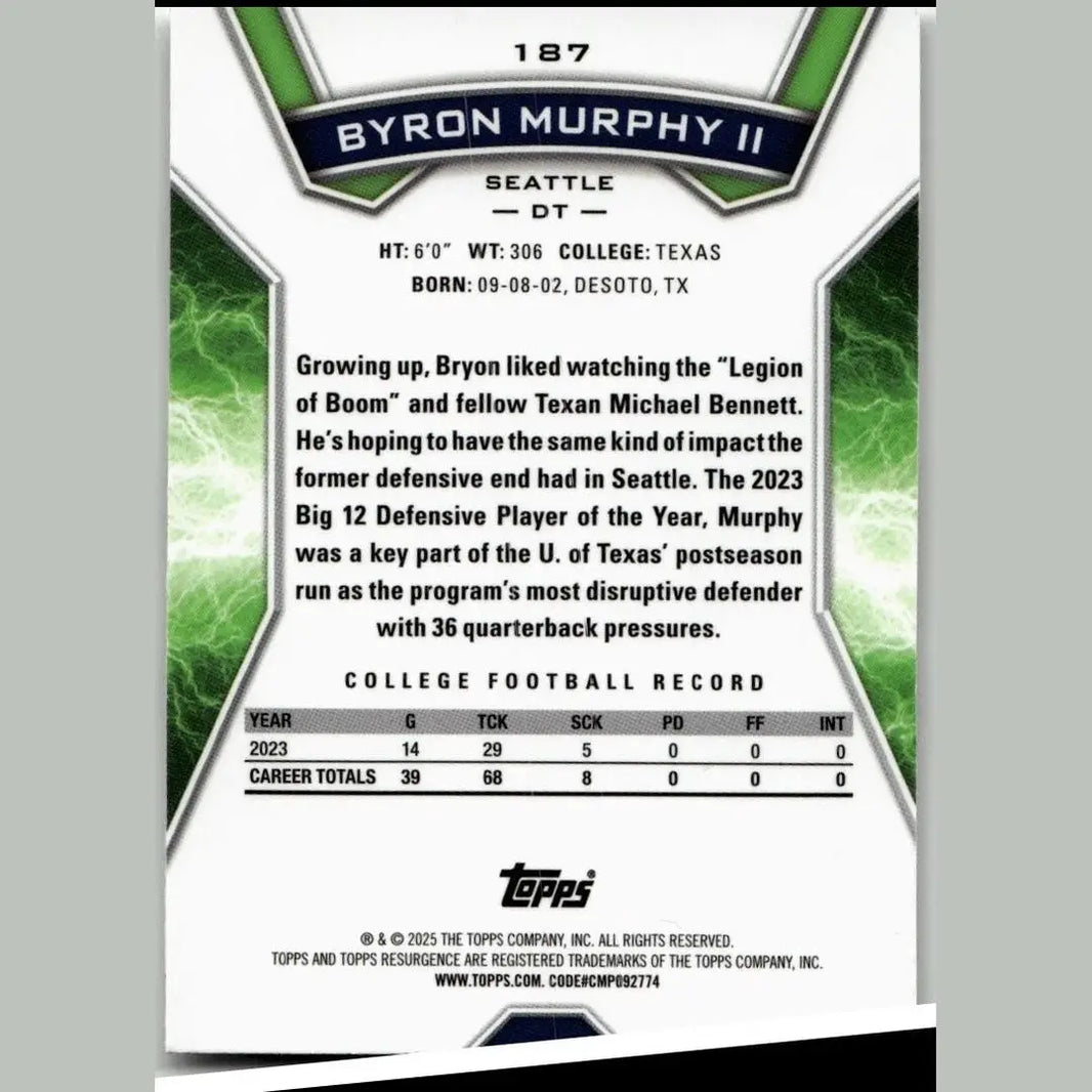 This is the back side of a white and green topps resurgence sports trading card featuring byron murphy ii with stats