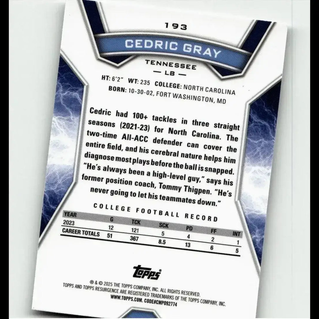 Blue and white 2024 Topps Resurgence sports trading card featuring Cedric Gray linebacker from Tennessee