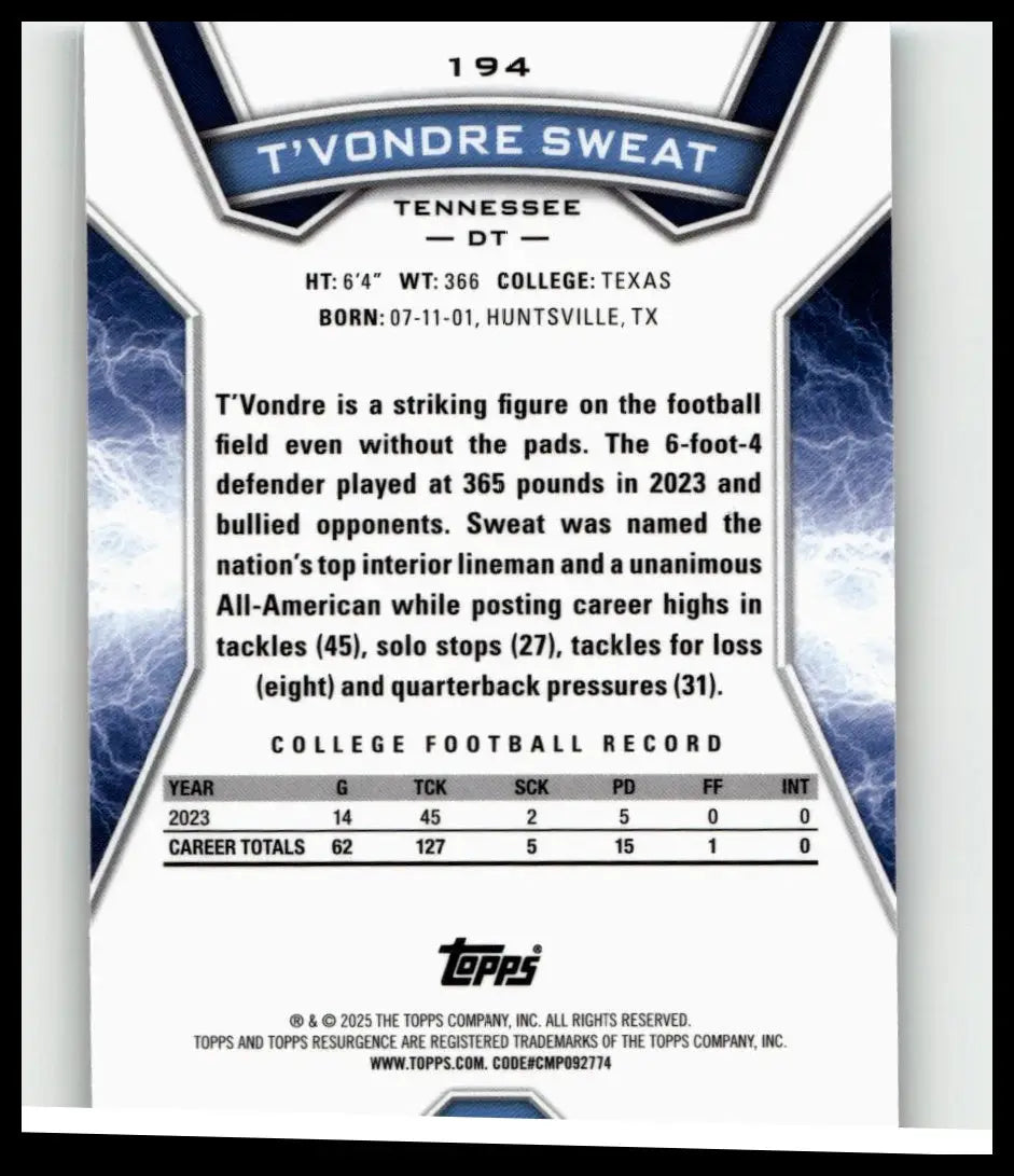 Blue and white topps resurgence football trading card featuring t’vondre sweat defensive tackle from texas