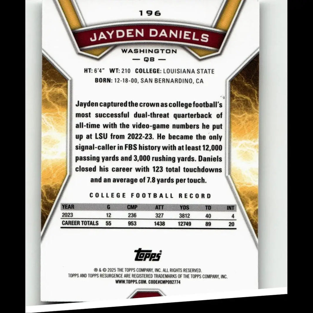 2024 topps resurgence #196 jayden daniels baseball card with college stats and gold maroon design elements